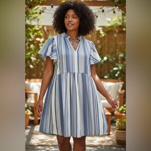 Wonderly Gauzy Blue And White Cotton Dress, Women’s Size PXL, Pockets, Short